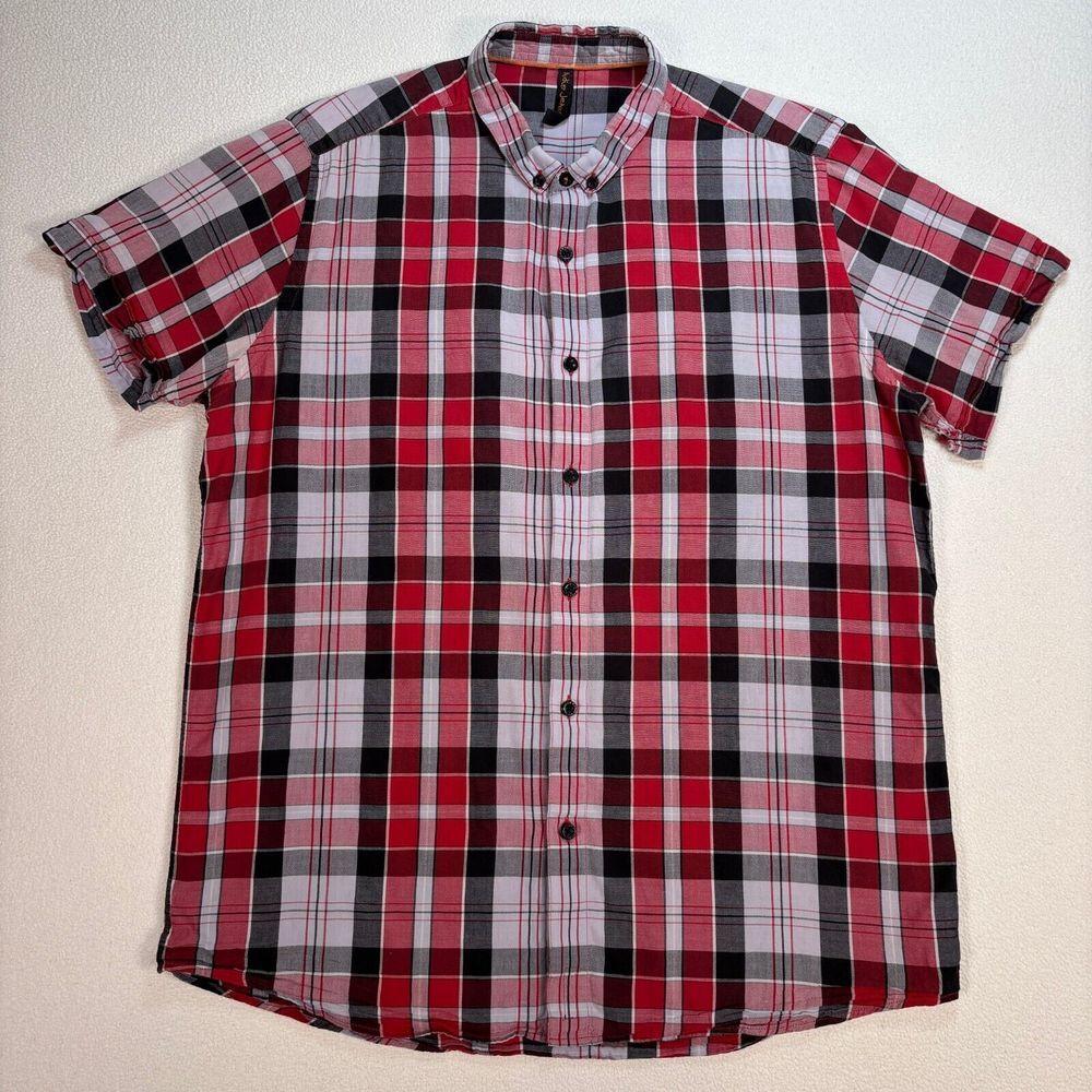 Nudie Jeans Shirt Men's L Red Plaid Button Down 100% Cotton Short Sleeve *FLAW